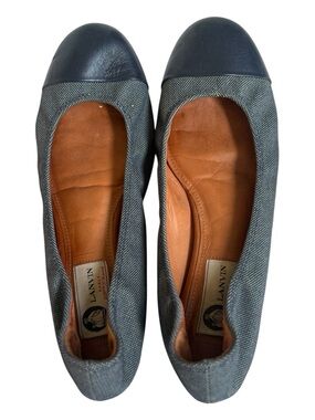 Lanvin Paris Ballet Flats Navy Blue Leather Cap Toe Grey Textile Womens 41